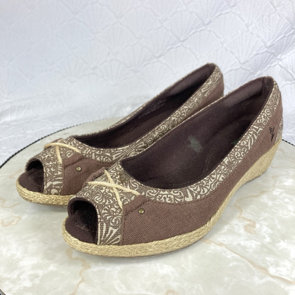 Grasshoppers Peep Toe Espadrille Wedge Shoes Women 8 Brown Comfort Slip On Heels - Picture 5 of 12